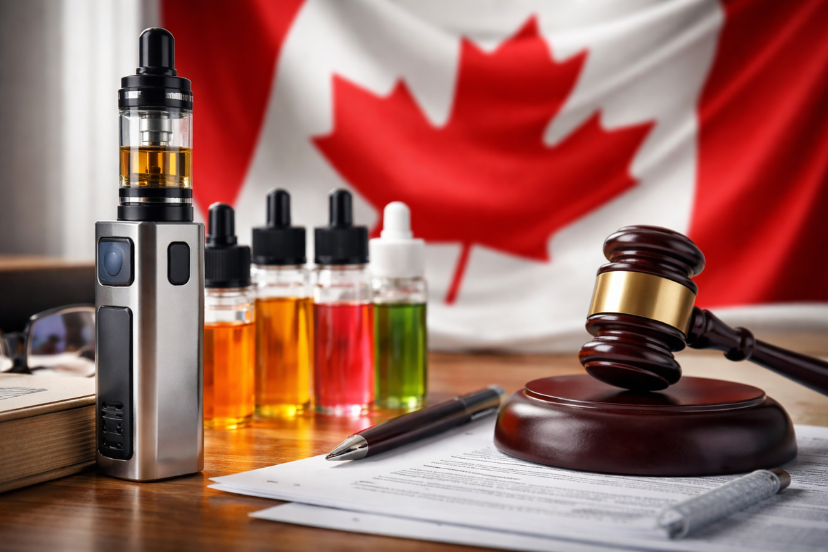 Vaping and legal paraphernalia infront of a Canadian flag