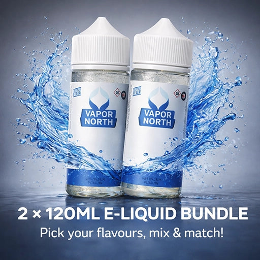 Two 120ml Vapor North e-liquid bottles with water splashes on a gray background