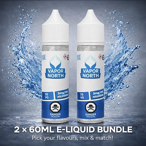 Two 60ml bottles of Vapor North e-liquid with water splash effect on a gray background