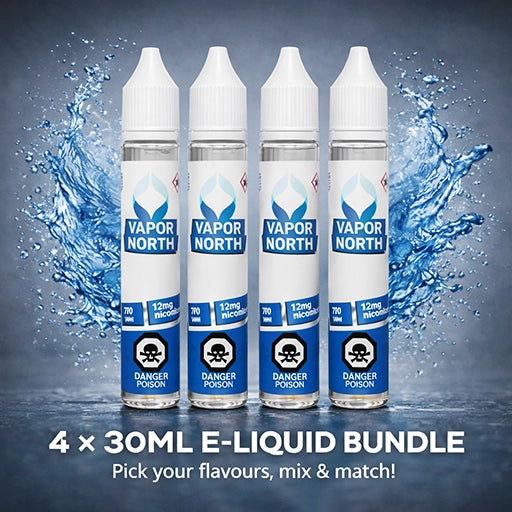 Four 30ml bottles of Vapor North e-liquid with water splashes on a gray background
